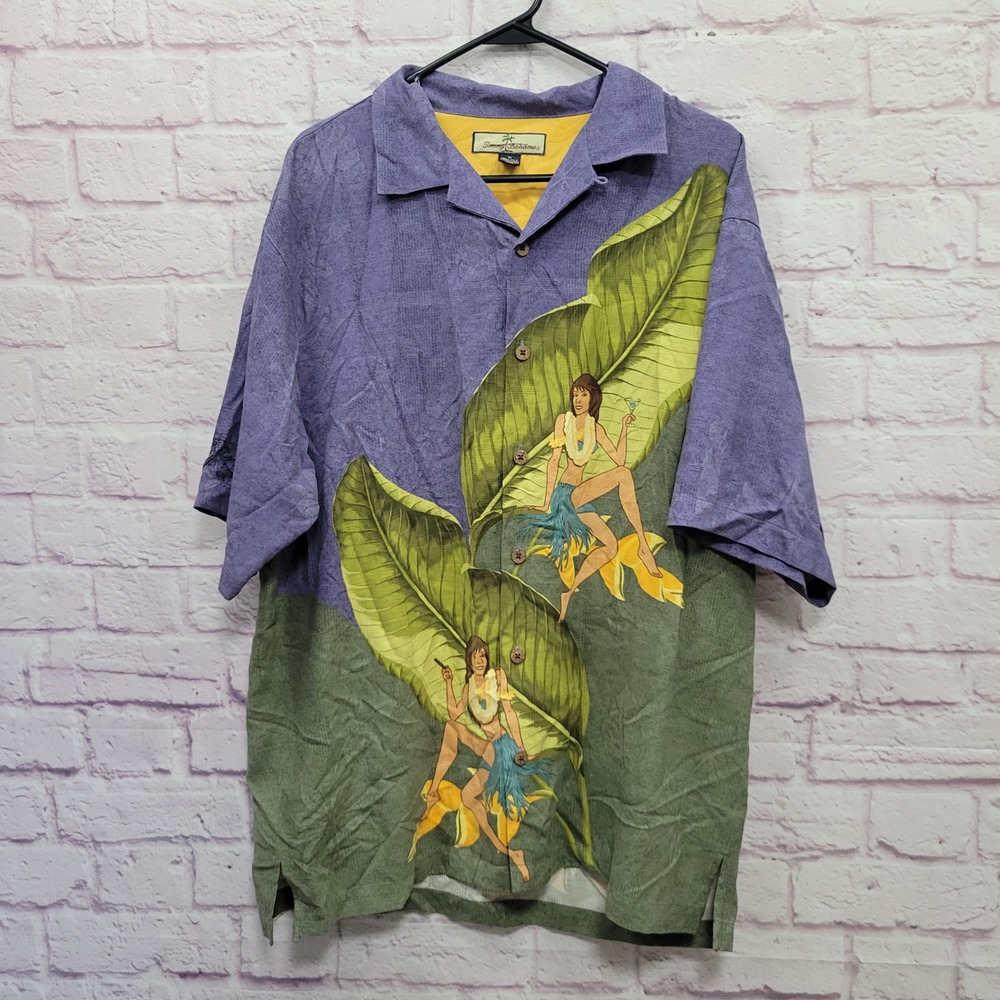 Tommy Bahama Silk Hawaiian Shirt M Purple Hula Girl Aloha Resortwear Tropical